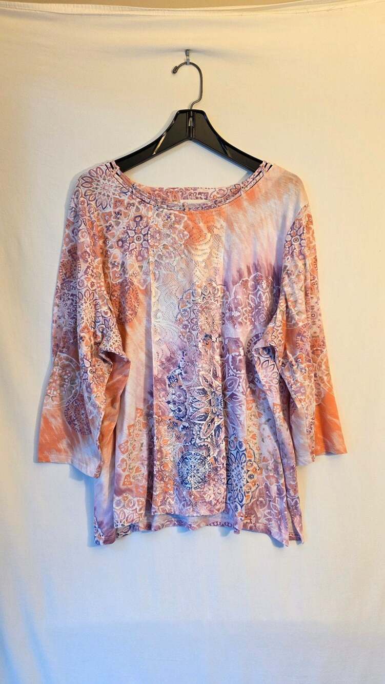 Alfred Dunner Women's 3X Floral Lace Tunic Top w/ 3/4 Sleeves and Mandala Print